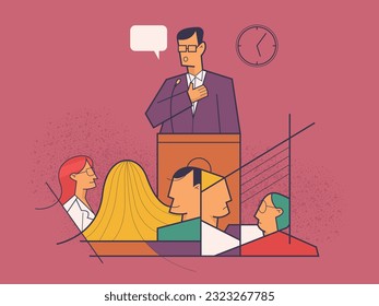Speaker from the podium giving a speech from a lectern with microphones in front of an audience
