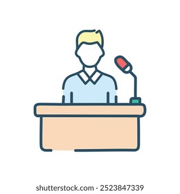 Speaker podium icon. Speaker at a podium, microphone, announcement, talk, conference, meeting.