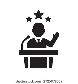 Speaker at podium icon for public speech and conference presentation a symbol for leader address and lecture event for politician orator