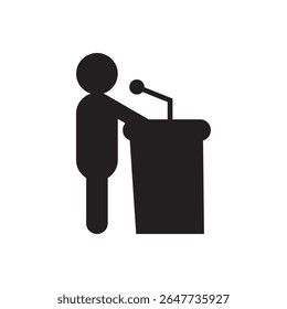 Orador en el Vector de íconos del podio. Hombre dando discurso con micrófono, ideal para conceptos de liderazgo o eventos.