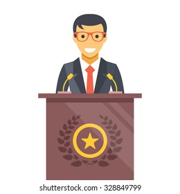 Speaker at podium. Man in suit standing at rostrum. Important event, business conference concept. Modern flat design vector illustration. Isolated on white background