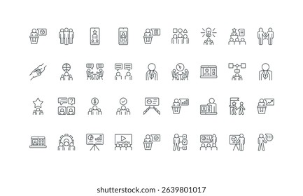Speaker at podium, online conference, discussion thin black symbols vector illustration. Business meeting for company training and presentation, lecture to audience, seminar line icon set.
