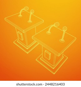 Speaker Podium Rostrum. Tribune Stand with Microphones. Debate, press conference concept. Wireframe low poly mesh vector illustration