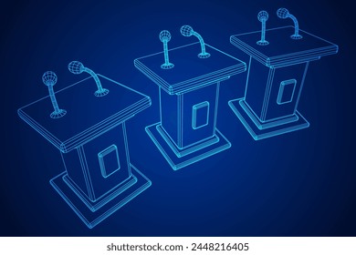 Speaker Podium Rostrum. Tribune Stand with Microphones. Debate, press conference concept. Wireframe low poly mesh vector illustration
