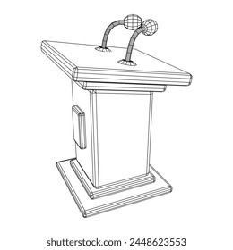 Speaker Podium Rostrum. Tribune Stand with Microphones. Debate, press conference concept. Wireframe low poly mesh vector illustration