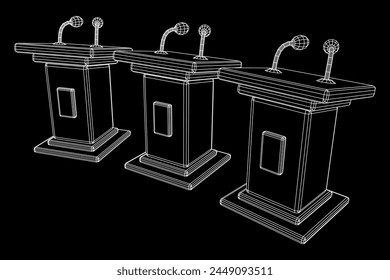 Speaker Podium Rostrum. Tribune Stand with Microphones. Debate, press conference concept. Wireframe low poly mesh vector illustration