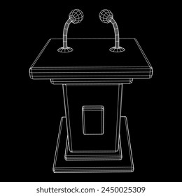 Speaker Podium Rostrum. Tribune Stand with Microphones. Debate, press conference concept. Wireframe low poly mesh vector illustration