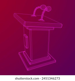 Speaker Podium Rostrum. Tribune Stand with Microphones. Debate, press conference concept. Wireframe low poly mesh vector illustration