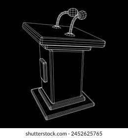 Speaker Podium Rostrum. Tribune Stand with Microphones. Debate, press conference concept. Wireframe low poly mesh vector illustration