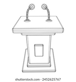 Speaker Podium Rostrum. Tribune Stand with Microphones. Debate, press conference concept. Wireframe low poly mesh vector illustration