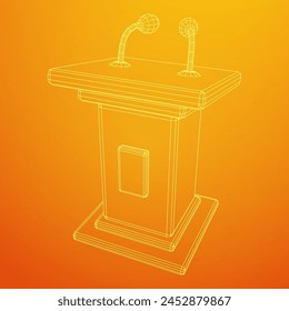 Speaker Podium Rostrum. Tribune Stand with Microphones. Debate, press conference concept. Wireframe low poly mesh vector illustration