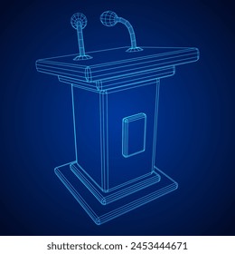 Speaker Podium Rostrum. Tribune Stand with Microphones. Debate, press conference concept. Wireframe low poly mesh vector illustration