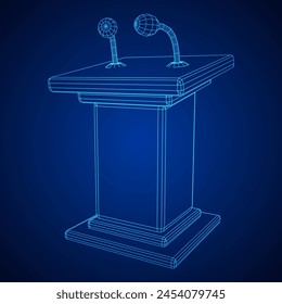 Speaker Podium Rostrum. Tribune Stand with Microphones. Debate, press conference concept. Wireframe low poly mesh vector illustration