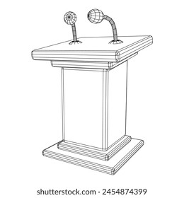 Speaker Podium Rostrum. Tribune Stand with Microphones. Debate, press conference concept. Wireframe low poly mesh vector illustration