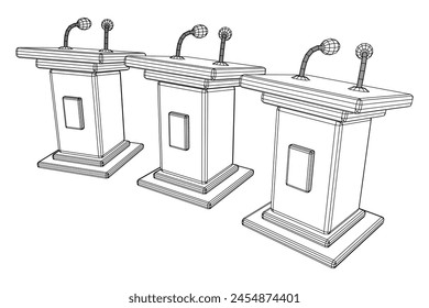 Speaker Podium Rostrum. Tribune Stand with Microphones. Debate, press conference concept. Wireframe low poly mesh vector illustration