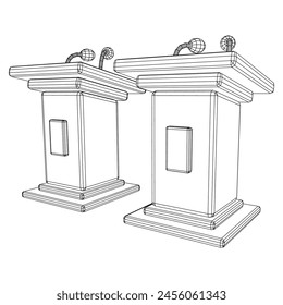 Speaker Podium Rostrum. Tribune Stand with Microphones. Debate, press conference concept. Wireframe low poly mesh vector illustration