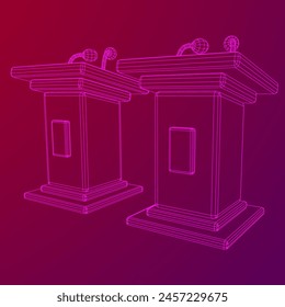 Speaker Podium Rostrum. Tribune Stand with Microphones. Debate, press conference concept. Wireframe low poly mesh vector illustration