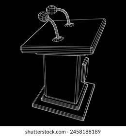 Speaker Podium Rostrum. Tribune Stand with Microphones. Debate, press conference concept. Wireframe low poly mesh vector illustration