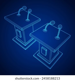 Speaker Podium Rostrum. Tribune Stand with Microphones. Debate, press conference concept. Wireframe low poly mesh vector illustration