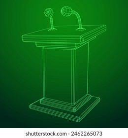 Speaker Podium Rostrum. Tribune Stand with Microphones. Debate, press conference concept. Wireframe low poly mesh vector illustration