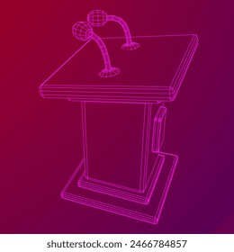 Speaker Podium Rostrum. Tribune Stand with Microphones. Debate, press conference concept. Wireframe low poly mesh vector illustration