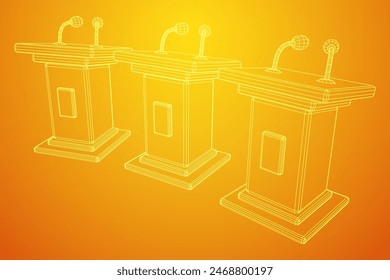 Speaker Podium Rostrum. Tribune Stand with Microphones. Debate, press conference concept. Wireframe low poly mesh vector illustration