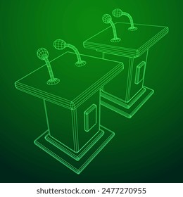 Speaker Podium Rostrum. Tribune Stand with Microphones. Debate, press conference concept. Wireframe low poly mesh vector illustration