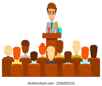 Sprecher im Podium steht vor der Vektorgrafik des Publikums. Redner aus der Tribune. Geschäftsmann, der Rede hält. Business Training, Coaching, Investment Projektpräsentation