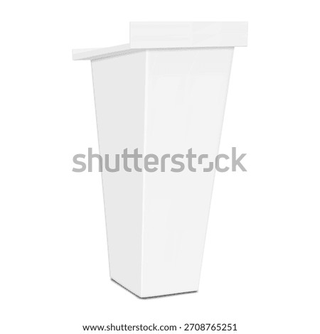 Speaker podium. White rostrum. Realistic 3d vector mock-up. Inclined tabletop blank table. Mockup. Slanted counter portable lectern stand. Template for design