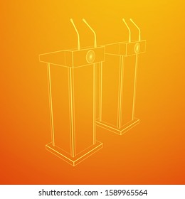 Speaker Podium. White Tribune Rostrum Stand with Microphones. Debate, press conference concept. Wireframe low poly mesh vector illustration