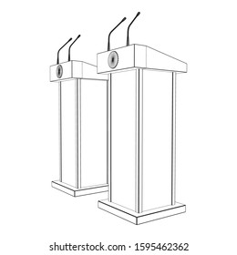 Speaker Podium. White Tribune Rostrum Stand with Microphones. Debate, press conference concept. Wireframe low poly mesh vector illustration