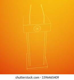 Speaker Podium. White Tribune Rostrum Stand with Microphones. Debate, press conference concept. Wireframe low poly mesh vector illustration