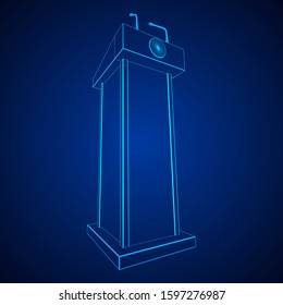 Speaker Podium. White Tribune Rostrum Stand with Microphones. Debate, press conference concept. Wireframe low poly mesh vector illustration