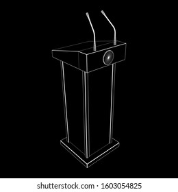 Speaker Podium. White Tribune Rostrum Stand with Microphones. Debate, press conference concept. Wireframe low poly mesh vector illustration