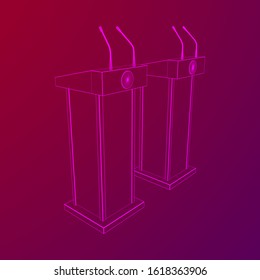 Speaker Podium. White Tribune Rostrum Stand with Microphones. Debate, press conference concept. Wireframe low poly mesh vector illustration