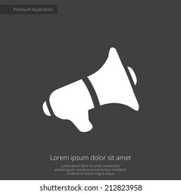 speaker premium illustration icon, isolated, white on dark background, with text elements 