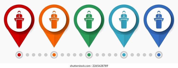Speaker,  presentation concept vector icon set, flat design spokesman pointers, infographic template easy to edit