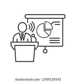 Speaker Presenting Business Data Pie Chart Lecture Vector Outline Icon
