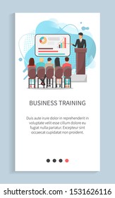 Speaker presenting chart report, back view of listeners, professional discussion of statistic, congress or seminar, slide with liquid shape vector. Website or app slider, landing page flat style