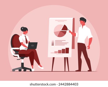 Speaker presenting charts and reports. Business training, seminar or conference. Education concept. Vector illustration