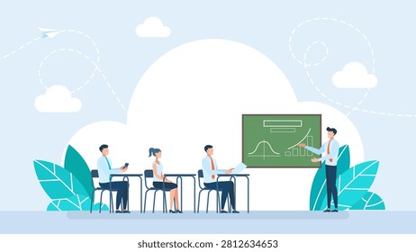 Speaker presenting financial charts on blackboard to business audience. Corporate coach training students in classroom, marketing seminar, education lecture in office. Vector illustration