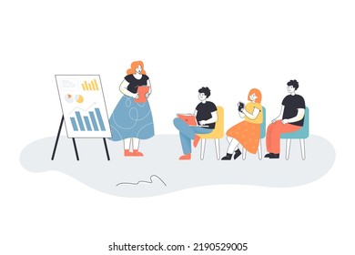 Speaker presenting whiteboard presentation for group of students. People training on seminar flat vector illustration. School, university lecture concept for banner, website design or landing web