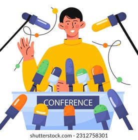 Speaker at press conference concept. Man stands in front of microphones and answers journalists questions. Politician or popular person. Mass media and news. Cartoon flat vector illustration