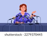 Speaker at press conference table, announcing information, giving comment, making statements in many microphones, mics at desk. Public speaking, speech, communication concept. Flat vector illustration