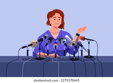 Speaker at press conference table, announcing information, giving comment, making statements in many microphones, mics at desk. Public speaking, speech, communication concept. Flat vector illustration