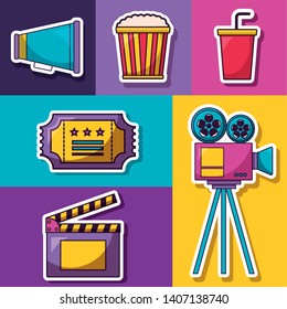 speaker projector ticket soda pop corn cinema movie vector illustration