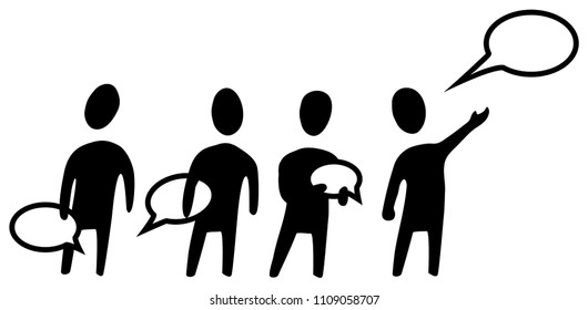 Speaker queue figure stencils black, vector illustration, horizontal, over white, isolated