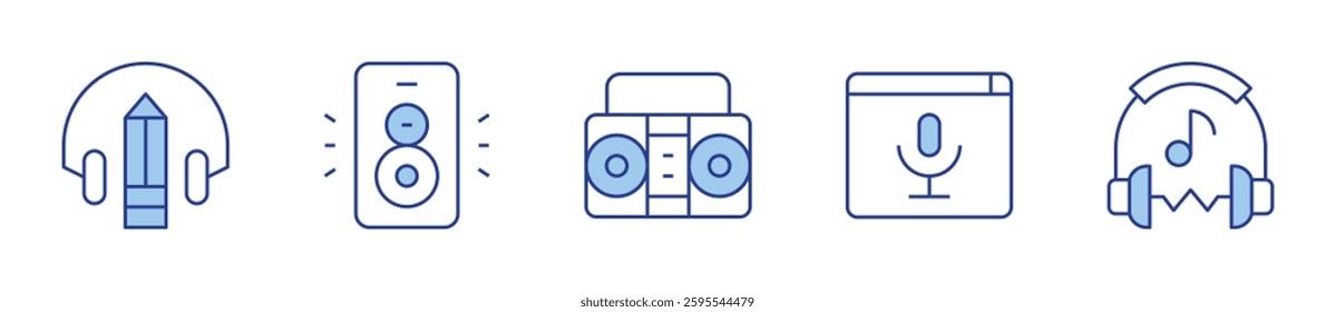 speaker, radio, podcast, headphones, online learning. Audio Icon vector illustration. Line Duotone style. Editable stroke.