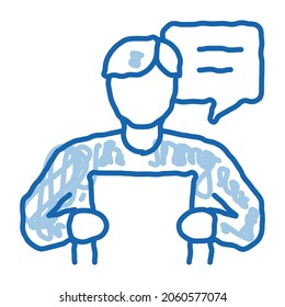 lectura de altavoces desde el vector de icono de esbozo de lista de papel. Leer el altavoz de la línea azul del doodle dibujado a mano en el cartel de la lista de papel. ilustración de símbolo aislado