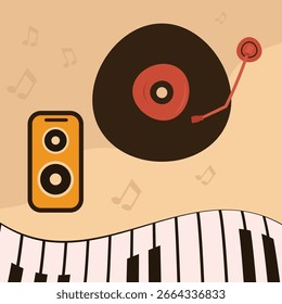 Speaker, record player, piano keys art for musicthemed designs. Perfect for music posters, album covers, and interior decor projects.